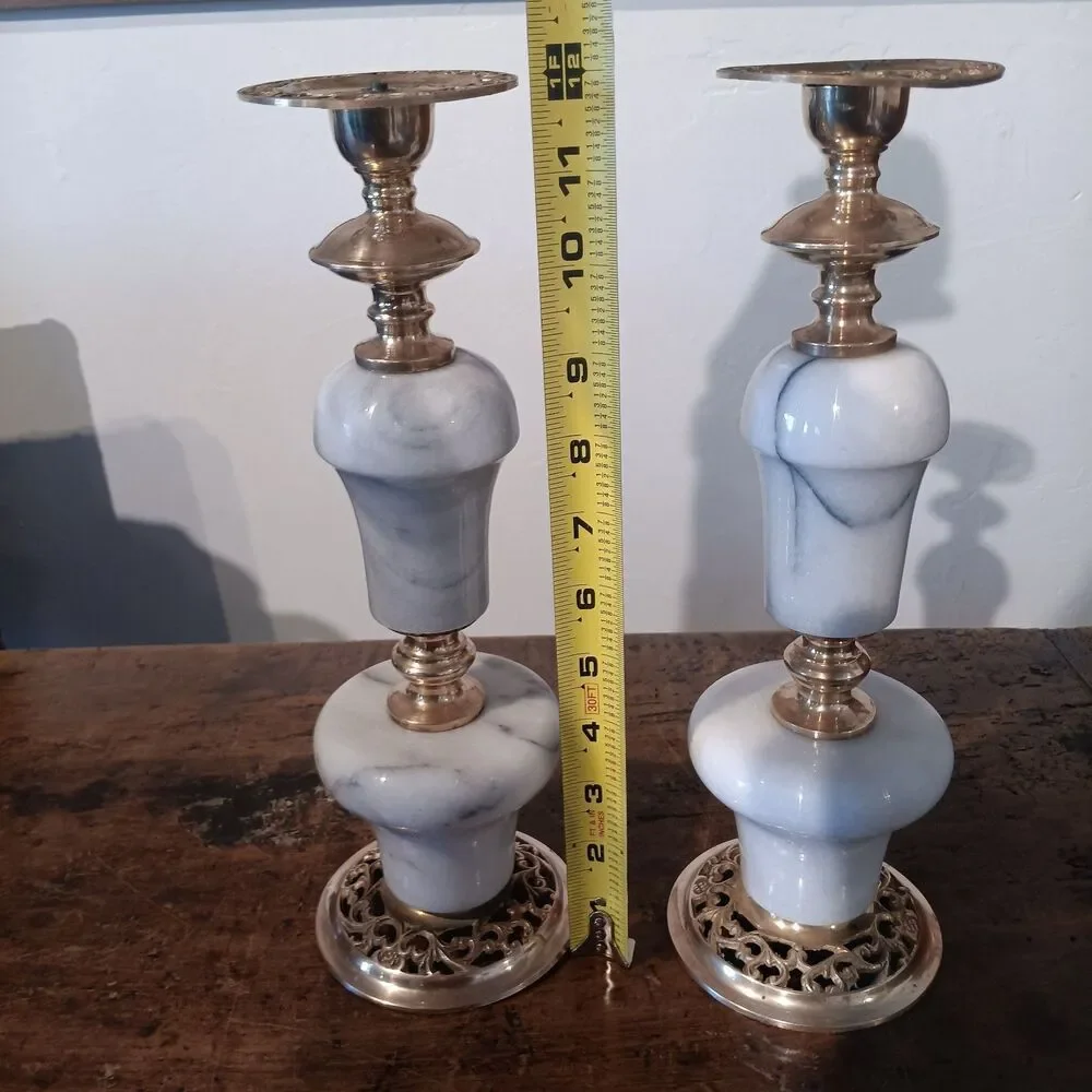 VTG 50-60's Marble and Brass Candle Holders Pair 2 MCM Hollywood Regency Italy